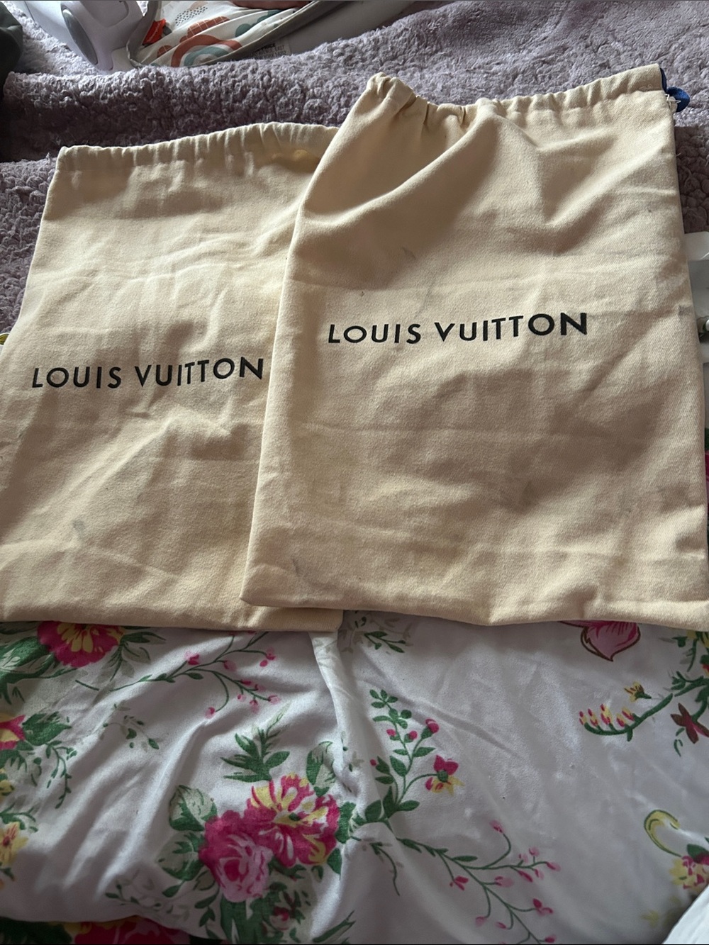 Louis Vuitton Beige Drawstring Dust Bags with Black Logo